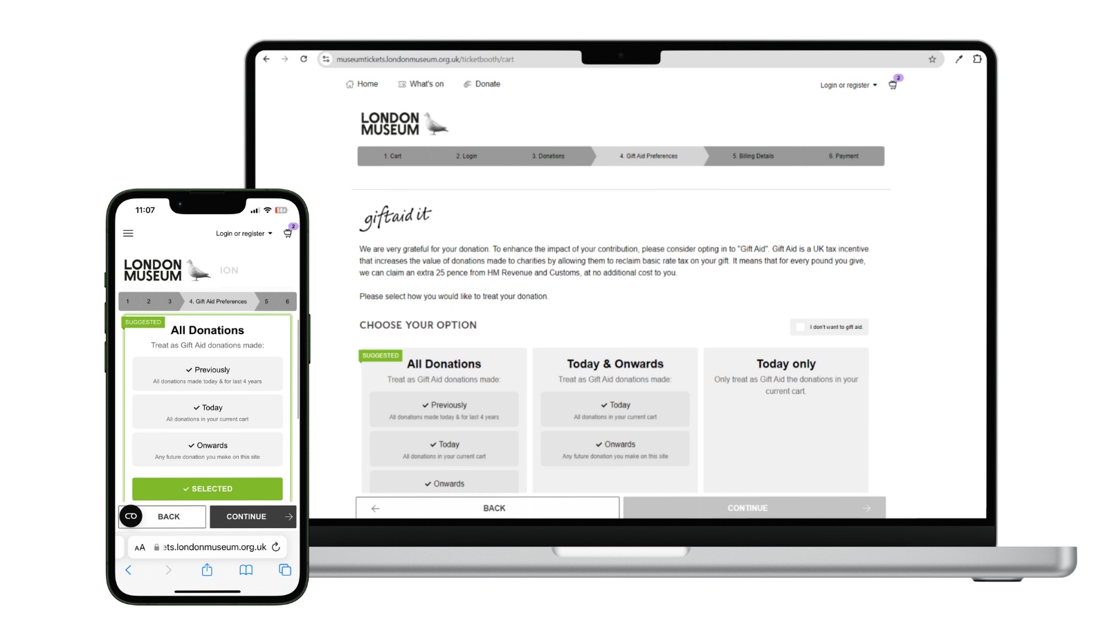 Screenshot showing London Museum's Giftaid Page on mobile and desktop