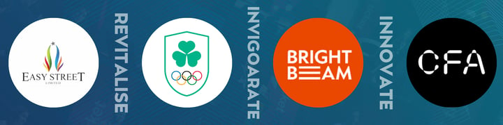 Logos of Team Ireland Olympics, Easy Street Entertainment, Bright Beam and Creative Futures Academy alongside the words Revitalise, Invigorate, Innovate