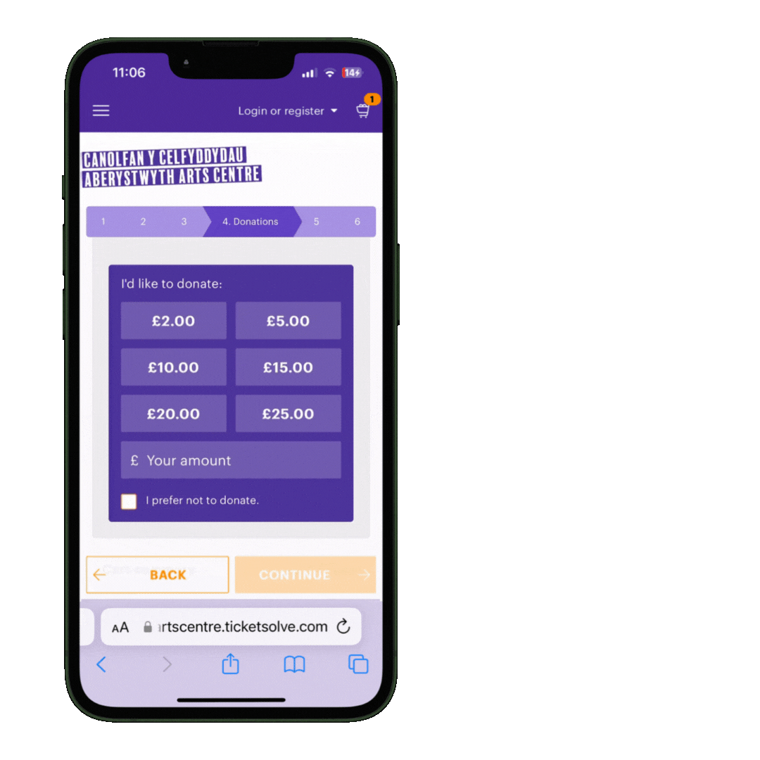 Screenshot of Aberystwyth Arts Centre's checkout journey, shown on mobile, demonstrating the new donation process described previously.