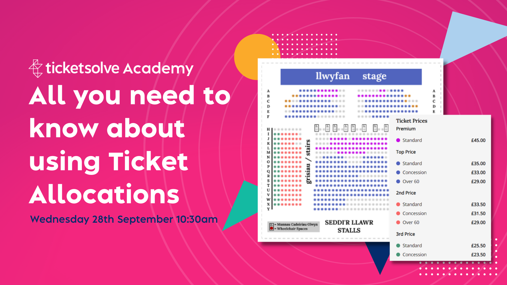 Ticketsolve Academy Session poster for 'Ticket Allocations'. The poster is on a pink background with Ticketsolve branded shapes and the main image on the right is a picture of a seating plan with various price bands on display. 