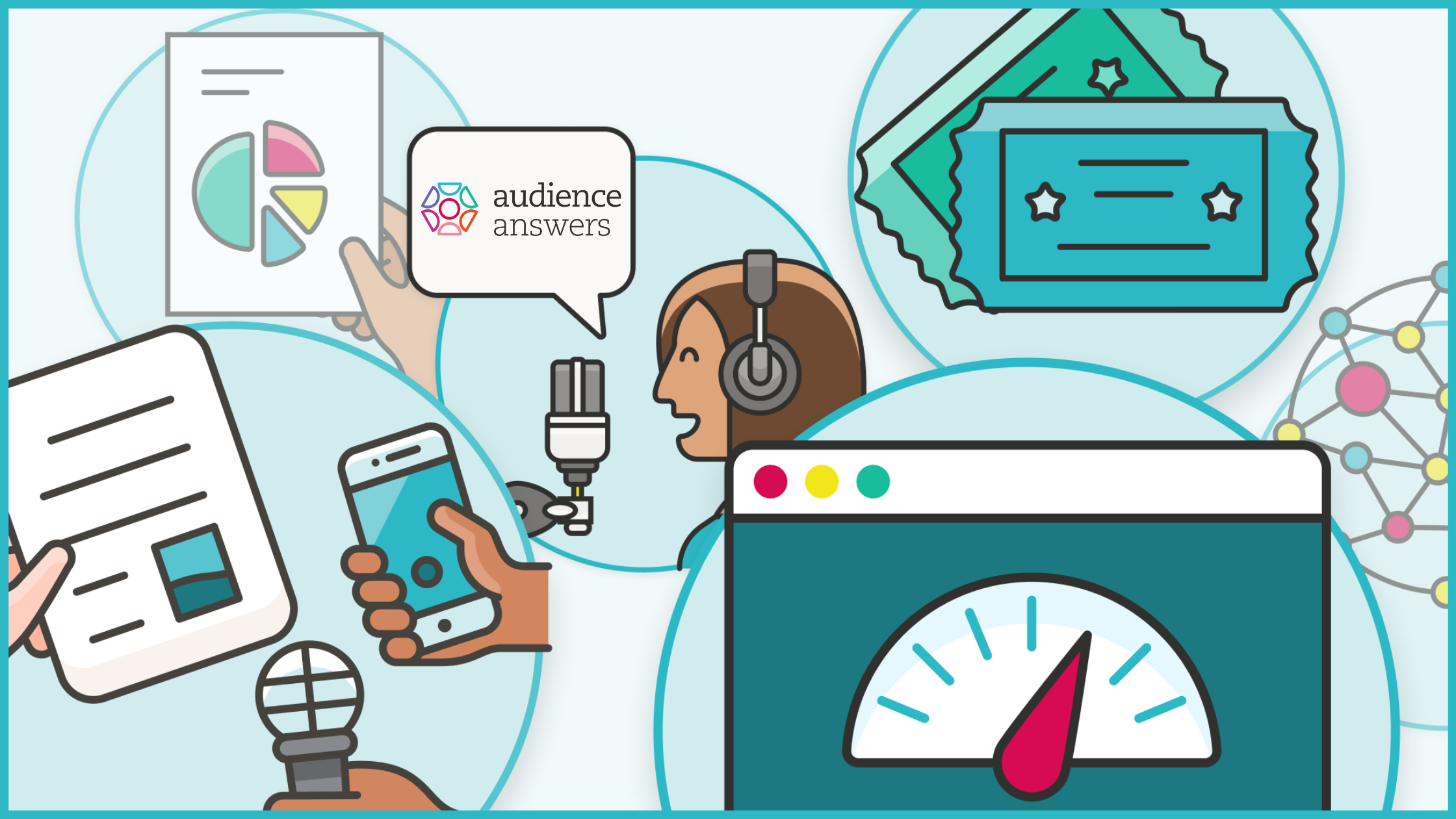 Blog header image has icons of graphs and cartoon images of phones and a mic. It is branded to highlight Audience Answers
